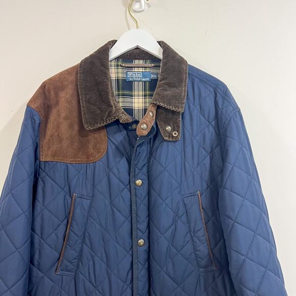Polo Ralph Lauren XL Men Navy Hunting Jacket Quilted Shooting Leather Trim Barn - Picture 2 of 16